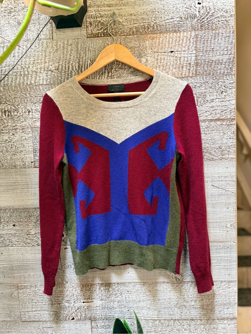 J. Crew | Mod Colorblock Graphic Knit Crewneck Pullover - Men's S, Burgundy/Blue